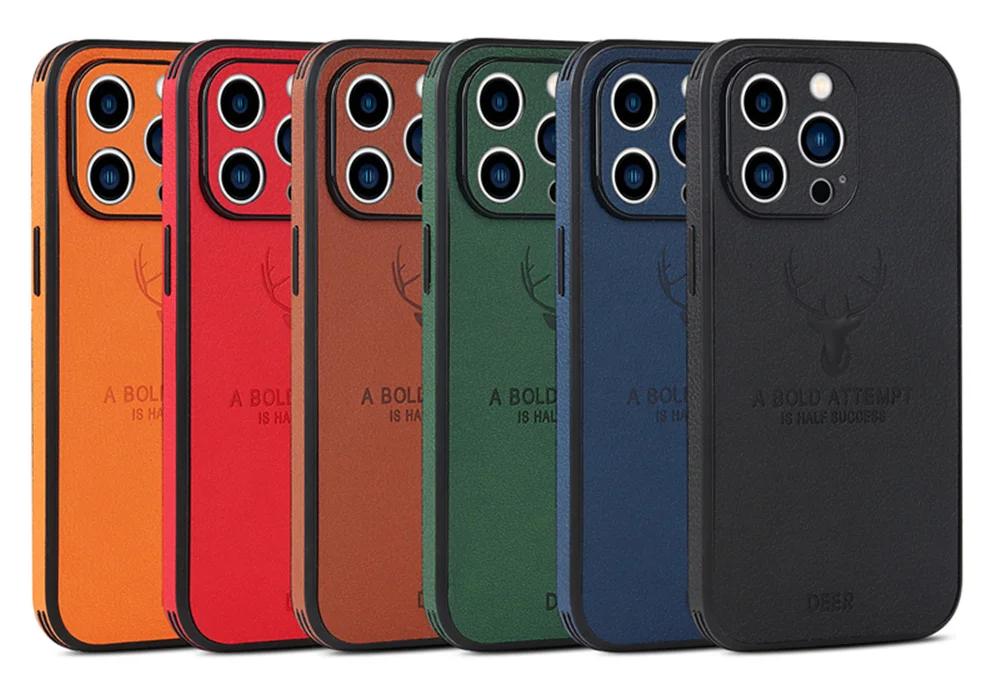 Luxury Business Leather Bumper Case For iPhone 15 14 13 12 11 Pro Max Mini XR XS X 8 7 Plus SE Shockproof Soft Deer Cover Funda
