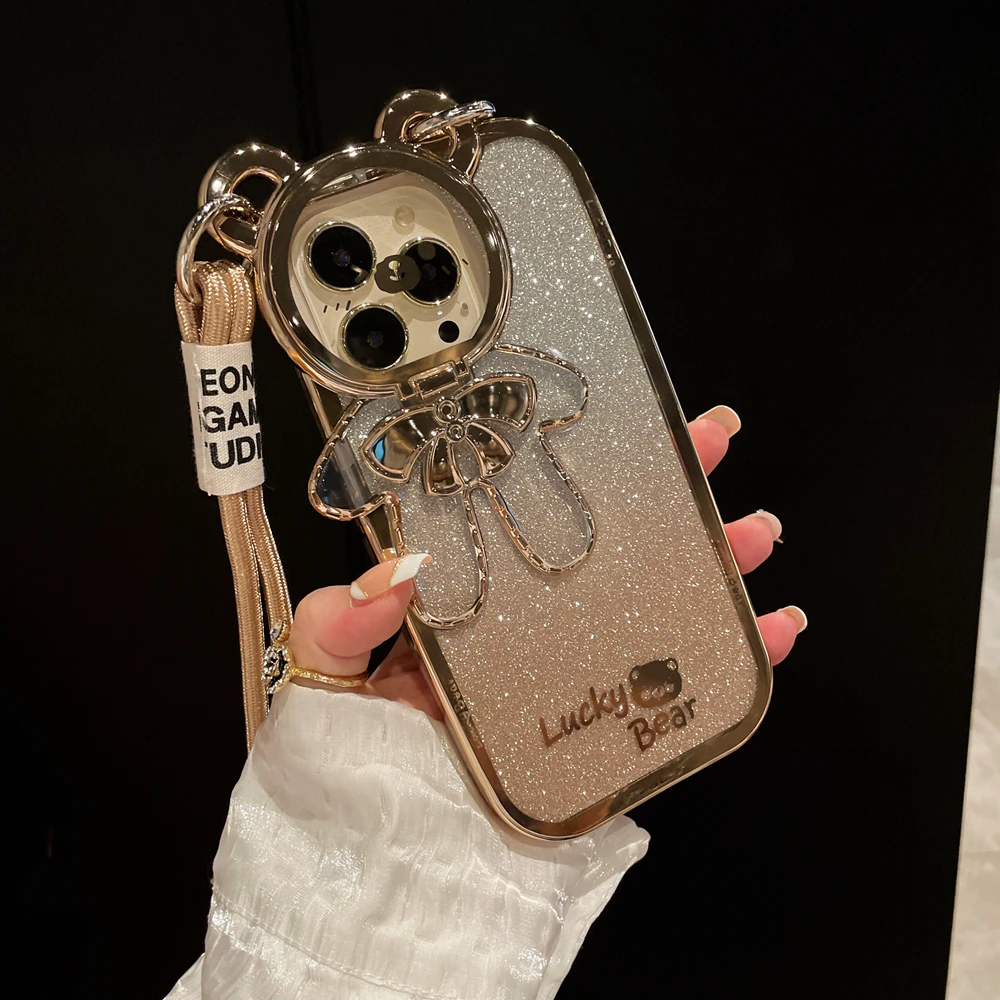 Cute Glitter Bear Crossbody iPhone Case