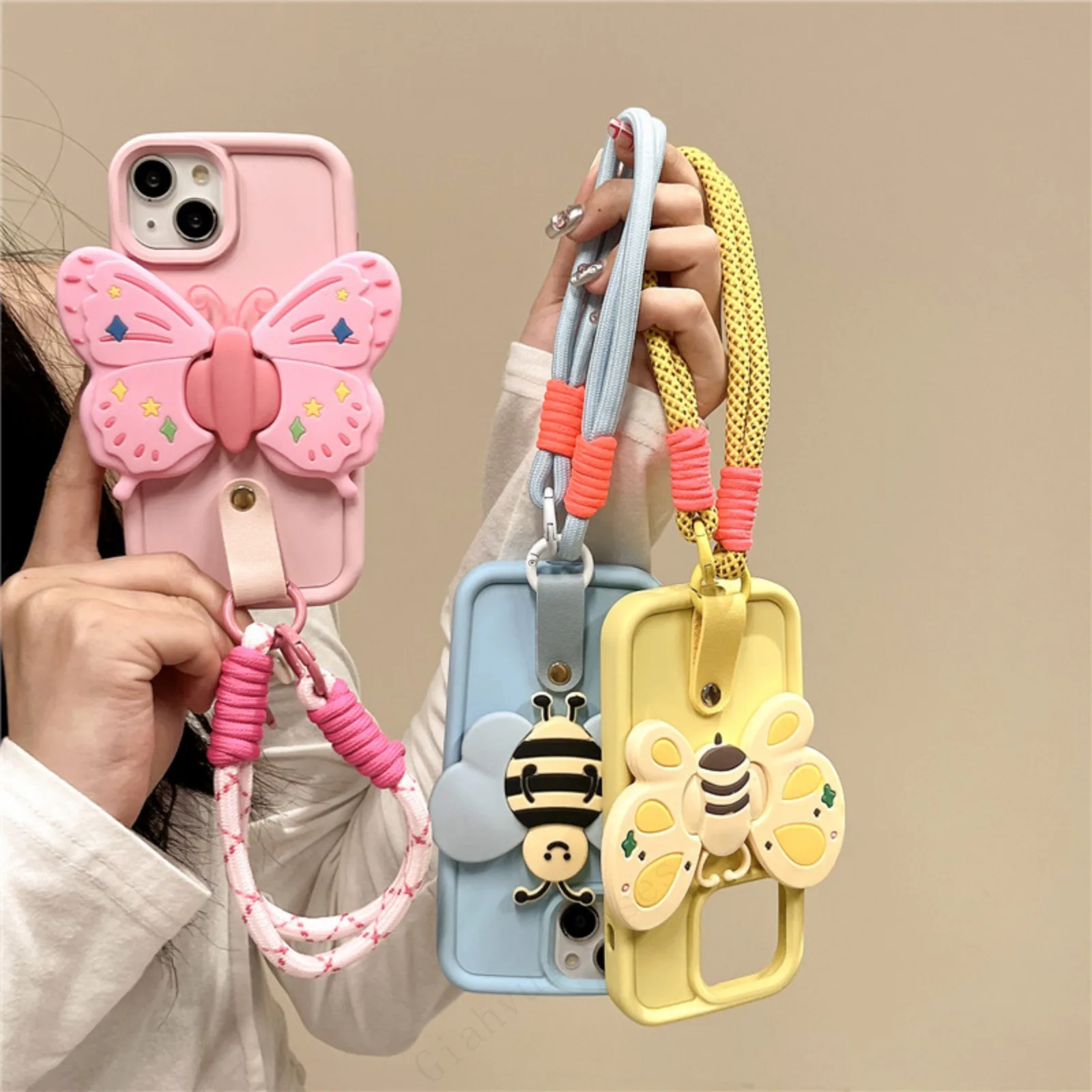 3D Cute Bee Butterfly Anti-lost Lanyard Chain Strap Holder iPhone Case